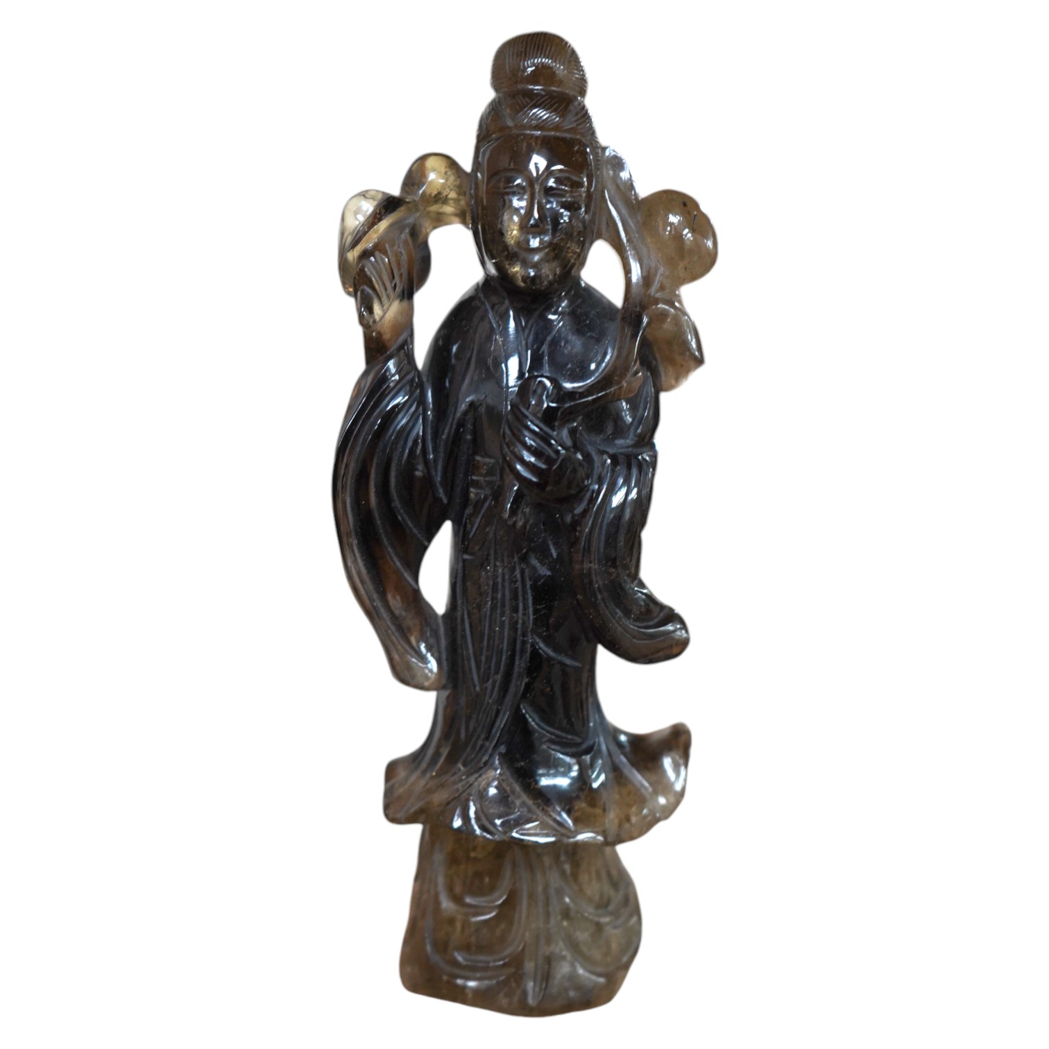 A 19th century Chinese smoky quartz figure of a lady holding a prunus branch, 19.5cm high. Condition - base and prunus branch broken one side and re-polished